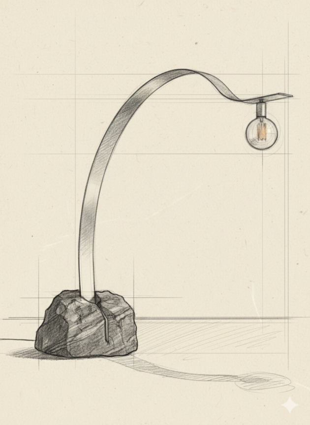 Croquis d'une lampe à poser design alliant nature et industrie. Le pied est formé par un bloc de pierre brute d'où s'élance une tige métallique courbée et fine, terminée par une ampoule à filament apparente. Dessin au crayon de style minimaliste et organique.