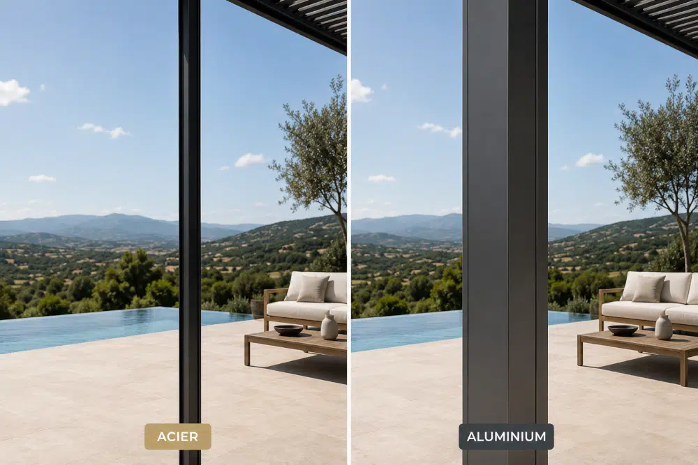 Comparaison entre un montant en acier et un montant en aluminium pour une pergola bioclimatique, illustrant la finesse des profils en acier.