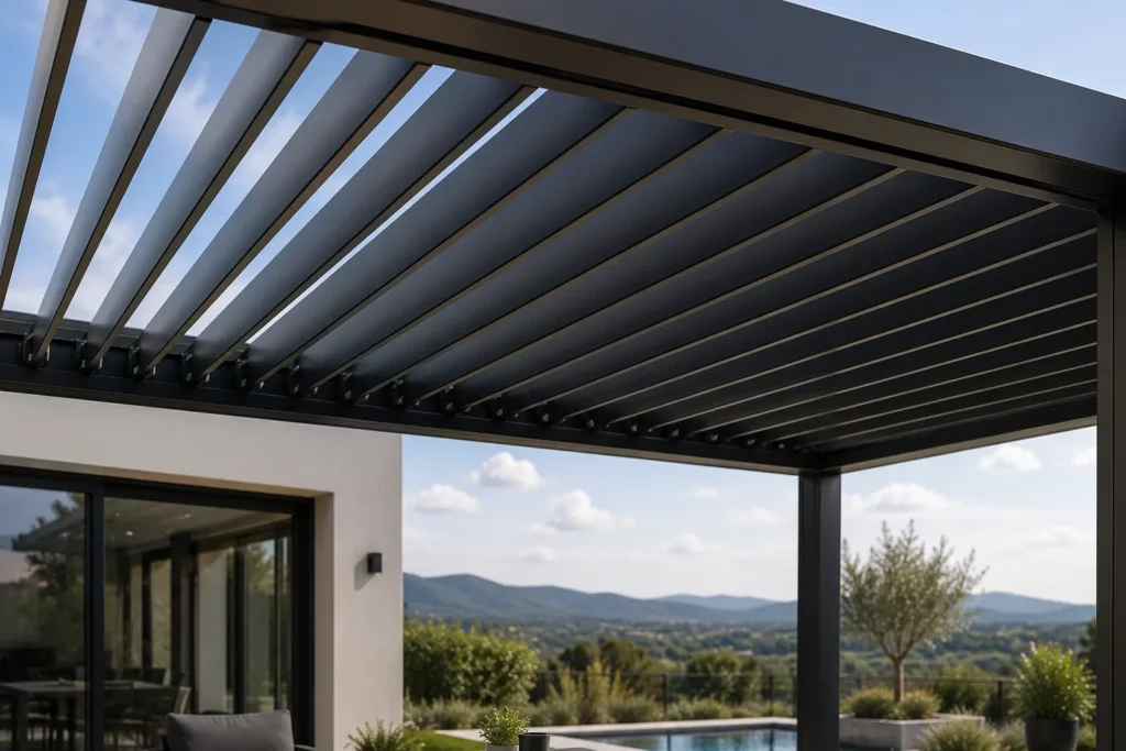 Lames en aluminium orientables d'une pergola bioclimatique permettant de réguler la luminosité, la ventilation naturelle et la protection contre les intempéries.