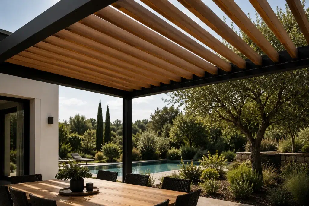 Pergola bioclimatique en acier avec lames en bois noble offrant un contraste élégant entre métal sombre et bois naturel dans un jardin paysager.