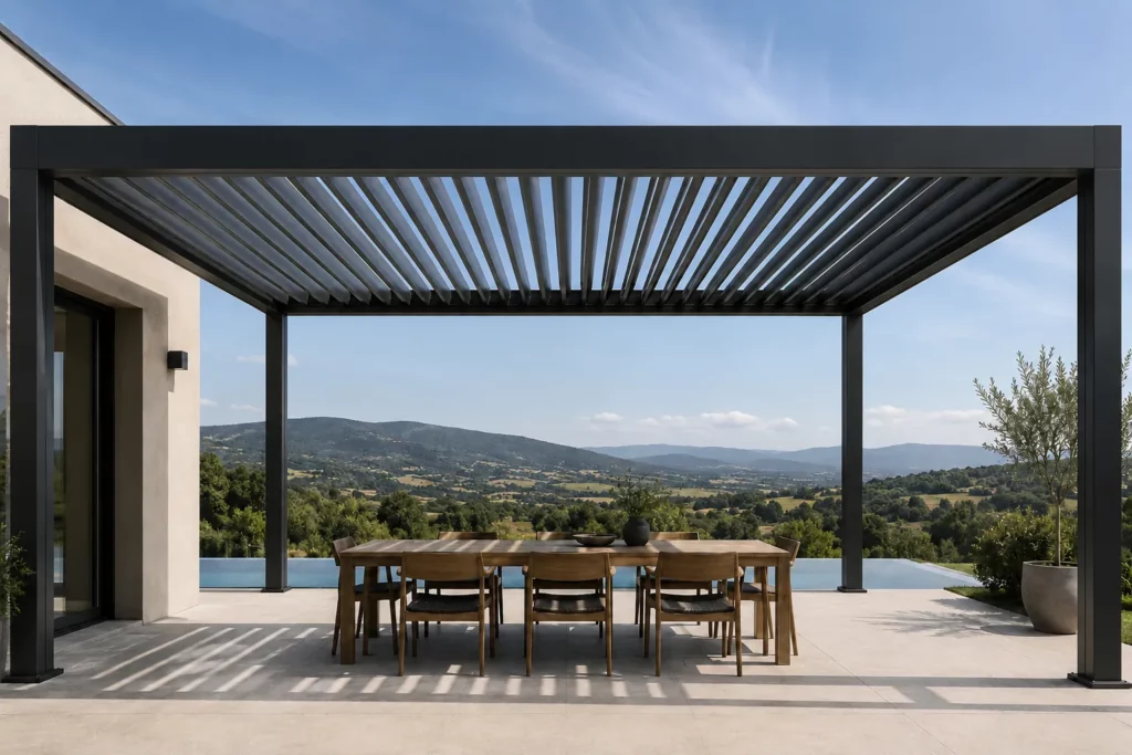 Pergola bioclimatique en acier sur mesure avec grande portée de plus de 6 mètres, offrant un espace extérieur ouvert sans poteaux intermédiaires et une vue panoramique dégagée.