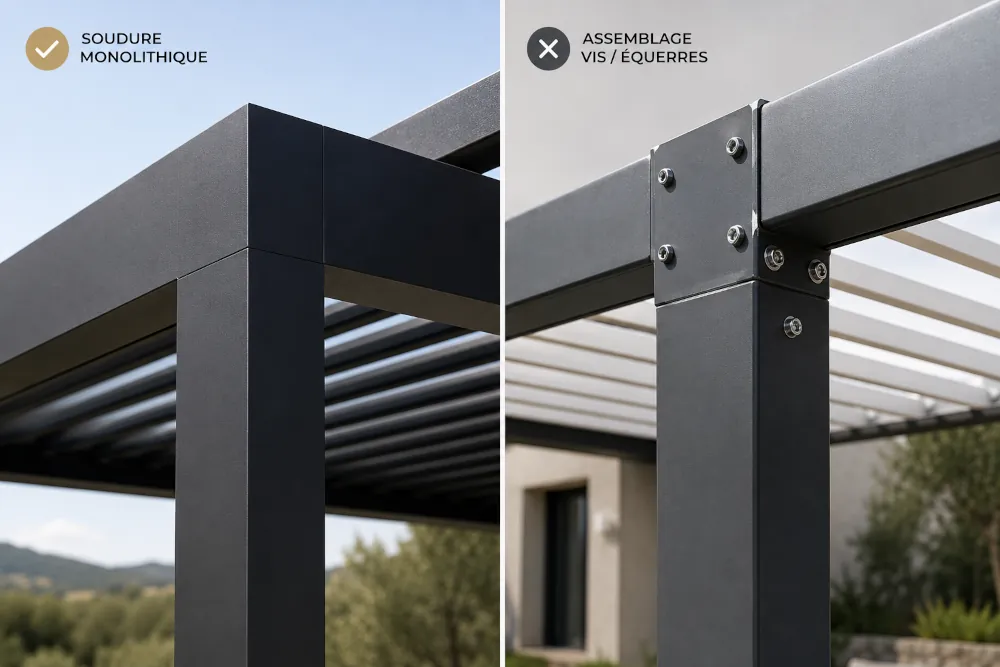 Détail d'angle d'une pergola bioclimatique en acier soudée en atelier comparé à une structure assemblée avec équerres et vis apparentes.