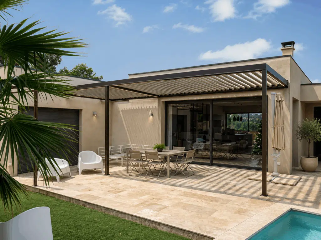 Pergola bioclimatique en acier sur mesure installée sur une terrasse contemporaine à Castillon-du-Gard.